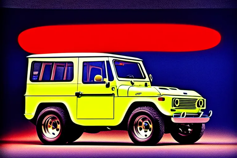 Prompt: designed by giorgetto giugiaro stylized poster of a single fj 4 0 concept, thick neon lights, ektachrome photograph, volumetric lighting, f 8 aperture, cinematic eastman 5 3 8 4 film