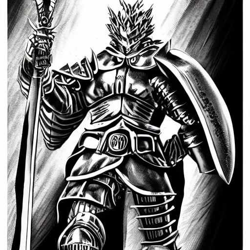 Prompt: manga illustration of a crusader knight, by Kentaro Miura, artstation