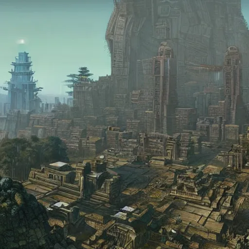 Prompt: mayan cyberpunk city in the center of redwood forest, viewed from a distance, shadow of the colossus screenshot by j. c. leyendecker, simon stalenhag, studio ghibli, and beksinski