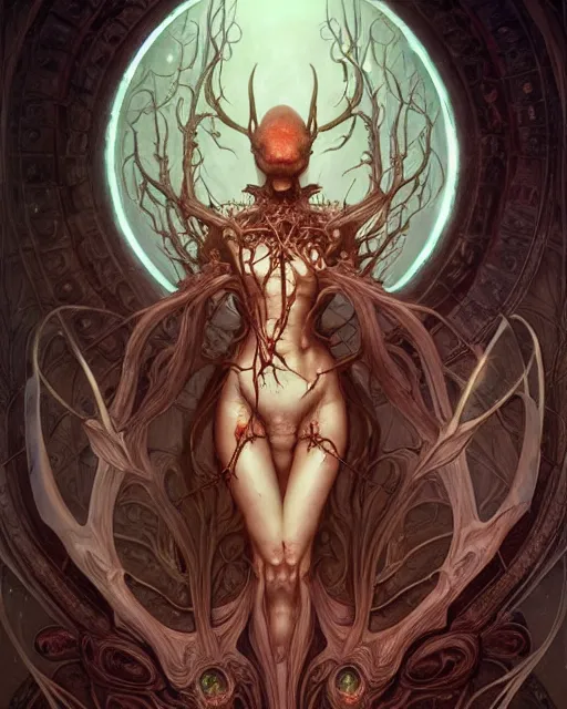 Image similar to perfectly centered portrait front view of a dead rotten beautiful female daemon growing ornamentation, ornate, detailed, symmetrical, elegant, beautifully soft lit, by wayne barlowe, peter mohrbacher, kelly mckernan