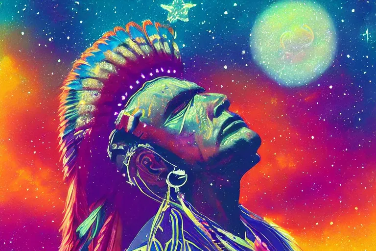 Image similar to digital art of a spiritual native american man looking up at the stars, acrylic art, universe, painting, pastel colors, synthwave, retro, cyberpunk,