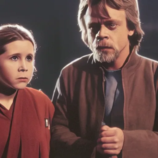 Prompt: film still of carrie fisher and mark hamill as children in new star wars movie, dramatic lighting, highly detailed face, kodak film, wide angle shot,
