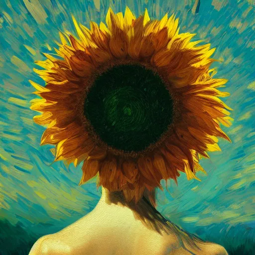 Image similar to closeup, giant sunflower head, woman standing in a room, surreal, dramatic light, impressionist painting, digital painting, artstation, van gogh