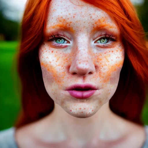 Image similar to close up portrait photo of the left side of the face of a redhead woman with galaxy of stars in her eyes, she looks directly at the camera. Slightly open mouth, face covers half of the frame, with a park visible in the background. 135mm nikon. Intricate. Very detailed 8k. Sharp. Cinematic post-processing. Award winning photography