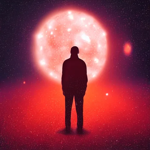 Image similar to silhouette of man, filled with deep space field of twinkling stars, award-winning portrait, fantasy horror, 8k, 4k, trending on artstation, matte finish, pixiv, unnerving, volumetric lighting, highly detailed