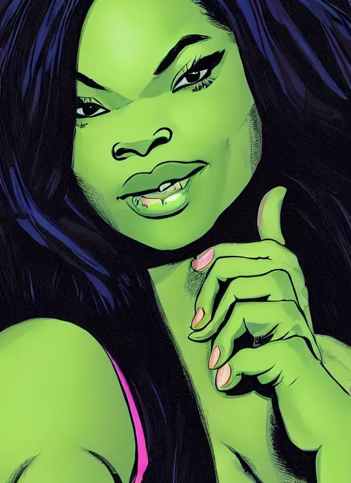 Image similar to Actress Gabrielle Union as She-Hulk, poster framed, comic pinup style, highly detailed, artstation, illustration, posterized, Gene Espy, Peter Temple, George Sportelli, Mitch Foust, Mike Hoffman, Garrett Blair, Mark Brown, Alex Miranda, Michael Bair, Eric Parker, Gene Espy, Mitch Foust, Peter Temple, Eric Parker, David Miller, Alex Miranda, Jay Fife, Brendon Fraim, David Bancroft, Al Rio, Mark Brown, Brian Fraim , Joe Rubinstein, Josh Templeton, Quinton Hoover, Eric Parker, Jim Sandersv Kevin Conrad, Michael Bair, Bob Layton