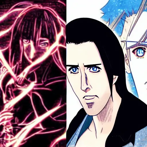 Prompt: Nicolas cage as an anime or manga character, transforming into his final form