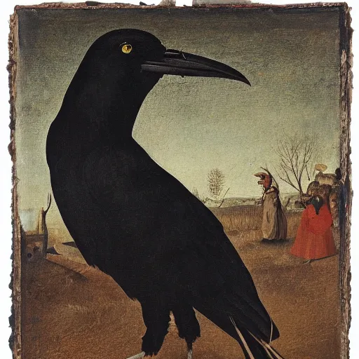 Prompt: portrait of the head of black crow from behind looking over his shoulders with a sparkle in the eye, oil painting in the style of bieter bruegel the elder, highly detailed and crisp render of distressed feathers, eyes made out of reflective chrome like a mirror