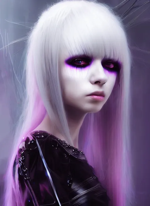 Image similar to hair whitebangs hair, black cyberlox, portrait of normal teenage girl, white bangs, messy bangs, fluffy bangs, cyberlox, whitebangs, red contact lenses, purple background, intricate, elegant, highly detailed, digital painting, artstation, concept art, sharp focus, smooth, illustration, art by wlop, mars ravelo and greg rutkowski