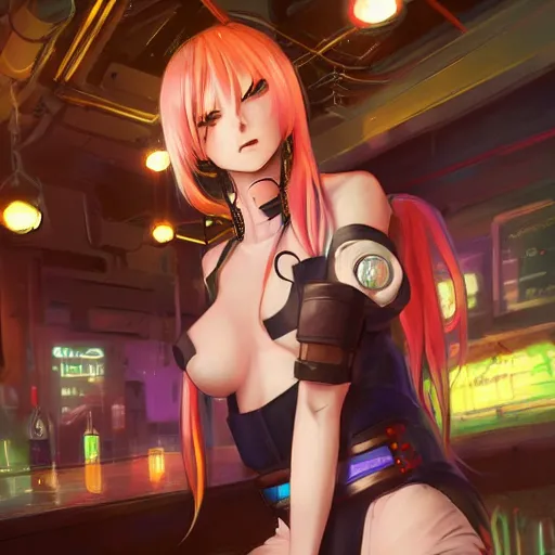 Image similar to Anime Girl in a cyberpunk city bar, full body, beautiful face, fantasy, medieval, vivid colors, elegant, concept art, sharp focus, digital art, Hyper-realistic, 4K, Unreal Engine, Highly Detailed, HD, Dramatic Lighting by Brom, trending on Artstation