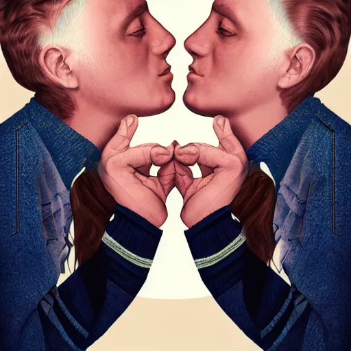 Prompt: perfectly centered symmetrical split male and female portrait of man and woman in love sharing one heart ; digital painting, photorealistic, highly detailed