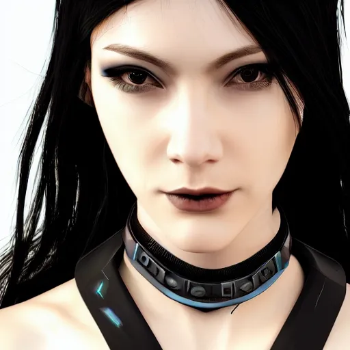 Image similar to headshot of cyberpunk woman wearing thick black choker around neck, detailed face, collar on neck, realistic, artstation, cyberpunk style, neon,