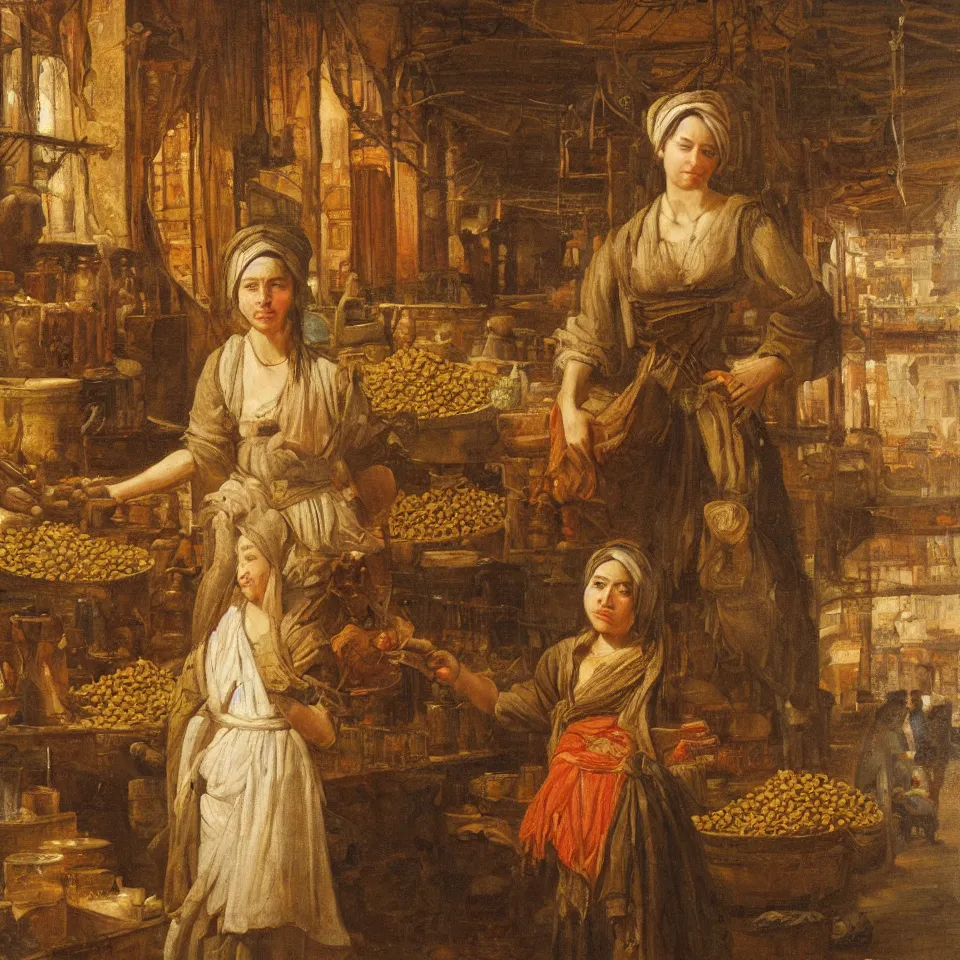 Image similar to young woman standing in a spice market at night by johann mongels culverhouse, oil on canvas, masterful intricate artwork, high detail 8 k