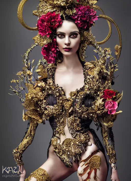 Image similar to expressive full body photo of a female model, ornate headpiece made from flowers, ornaments, glamour shot, by karol bak, by stefan gesell, photorealistic, canon r 3, fashion photography, hyper maximalist, elegant, ornate, luxury, elite, environmental portrait, symmetrical features, octane render, unreal engine, solid dark grey background, dramatic lights