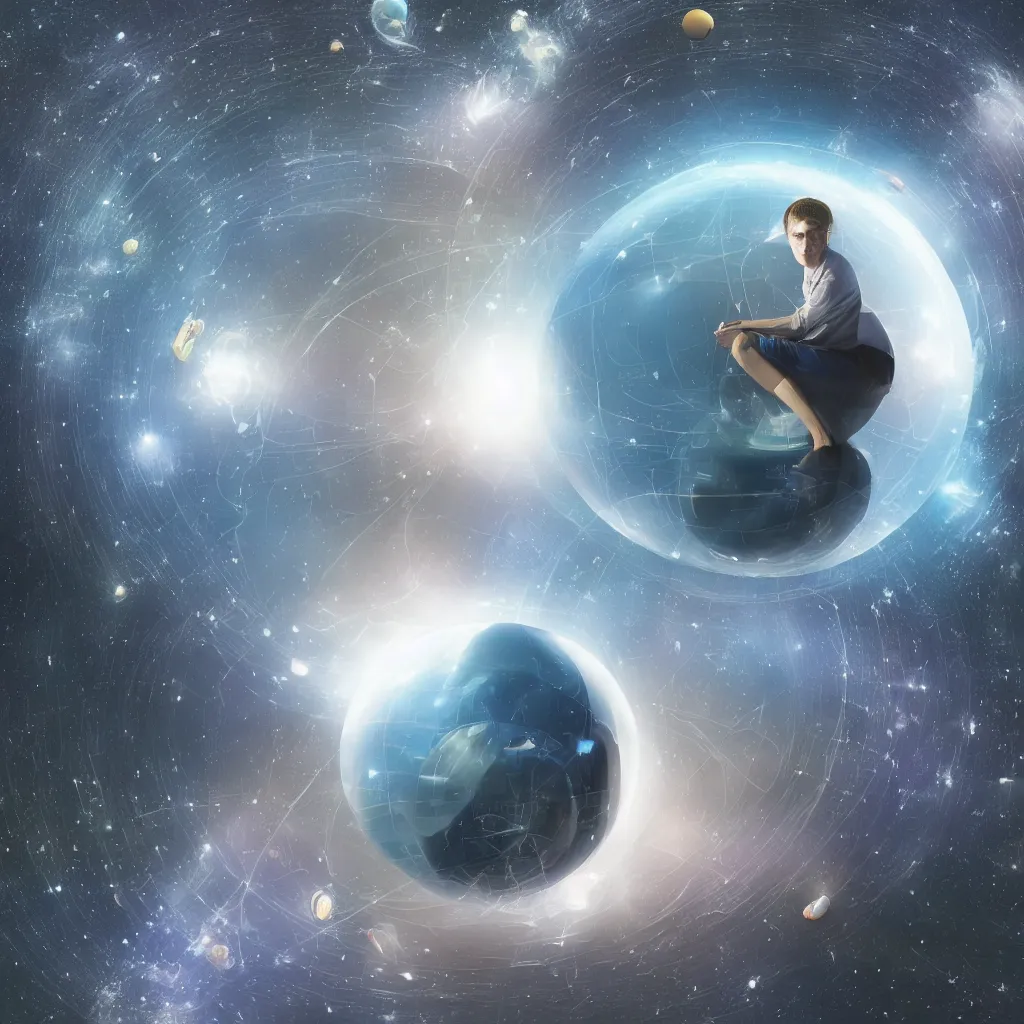 Image similar to a young man alone in an enormous transparent spherical capsule in the middle of outer space, digital art