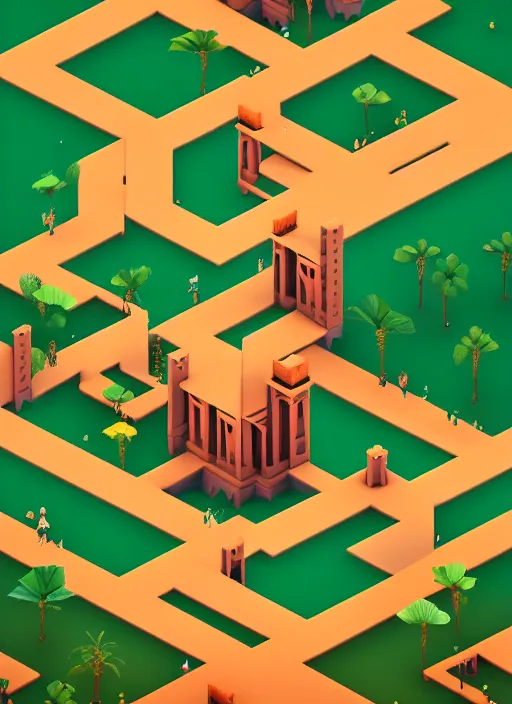 Image similar to a low poly isometric render of a kerala village in the style of monument valley, intricate, elegant, smooth, illustration, simple, solid shapes, by nuri iyem, james gurney, james jean, greg rutkowski, anato finnstark. pixar, octane render