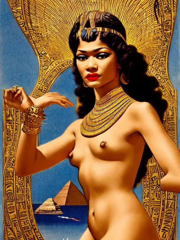 Prompt: zendaya as the Egyptian goddess Venus, a beautiful art nouveau portrait by Gil elvgren, Nile river water garden , centered composition, defined features, golden ratio, gold jewelry