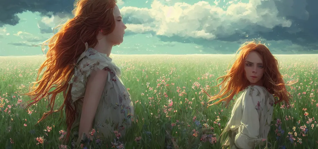 Image similar to a beautiful southern woman named Savannah, innocent, sad turquoise eyes, freckles, long ginger hair tied with white ribbon, relaxed in a field of flowers on a farm, gentle lighting, storm in the distance, somber, western clothing, dress, digital art by Makoto Shinkai ilya kuvshinov and Wojtek Fus, digital art, concept art,