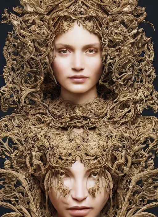 Image similar to sculpture made of wood, portrait, female, future, wood, tree, harper's bazaar, vogue, magazine, insanely detailed and intricate, concept art, close up, ornate, luxury, elite, elegant, trending on artstation, by ruan jia, by Kenneth Willardt, by ross tran, by WLOP, by Andrei Riabovitchev,