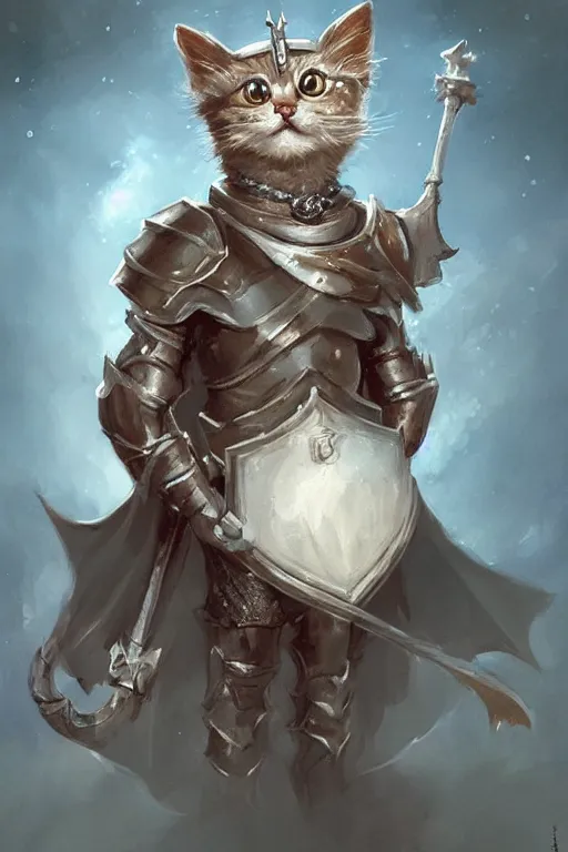 Image similar to cute little anthropomorphic cat knight wearing a cape and a crown, tiny, small, miniature cat , baby animal, short, pale blue armor, cute and adorable, pretty, beautiful, DnD character art portrait, matte fantasy painting, DeviantArt Artstation, by Jason Felix by Steve Argyle by Tyler Jacobson by Peter Mohrbacher, cinematic lighting