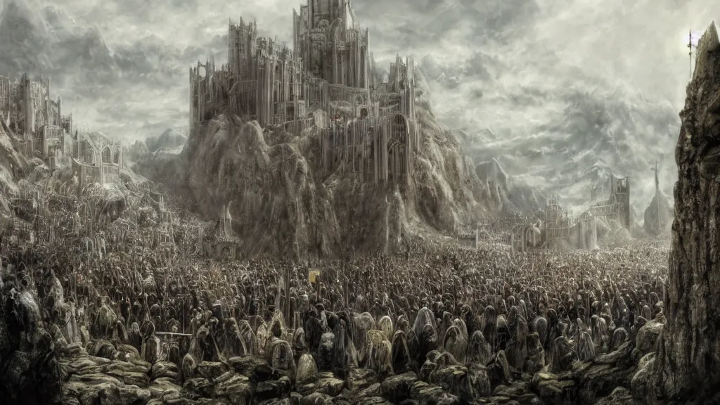 Prompt: funeral of aragorn, king elessar dead upon a pedestal in the middle of the white city in gondor, by alan lee, michal karcz, smooth details, lord of the rings, game of thrones, smooth, detailed terrain, oil painting, trending artstation, concept art, fantasy matte painting