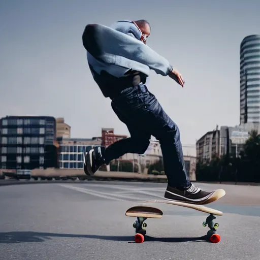 Image similar to obese man falling off of a skateboard, hyper realistic, sony 5 0 mm lens