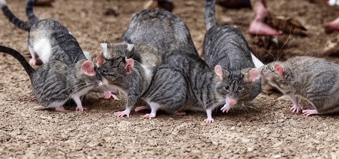 Image similar to rats vs cats as gladiators fighting in gladiator arena