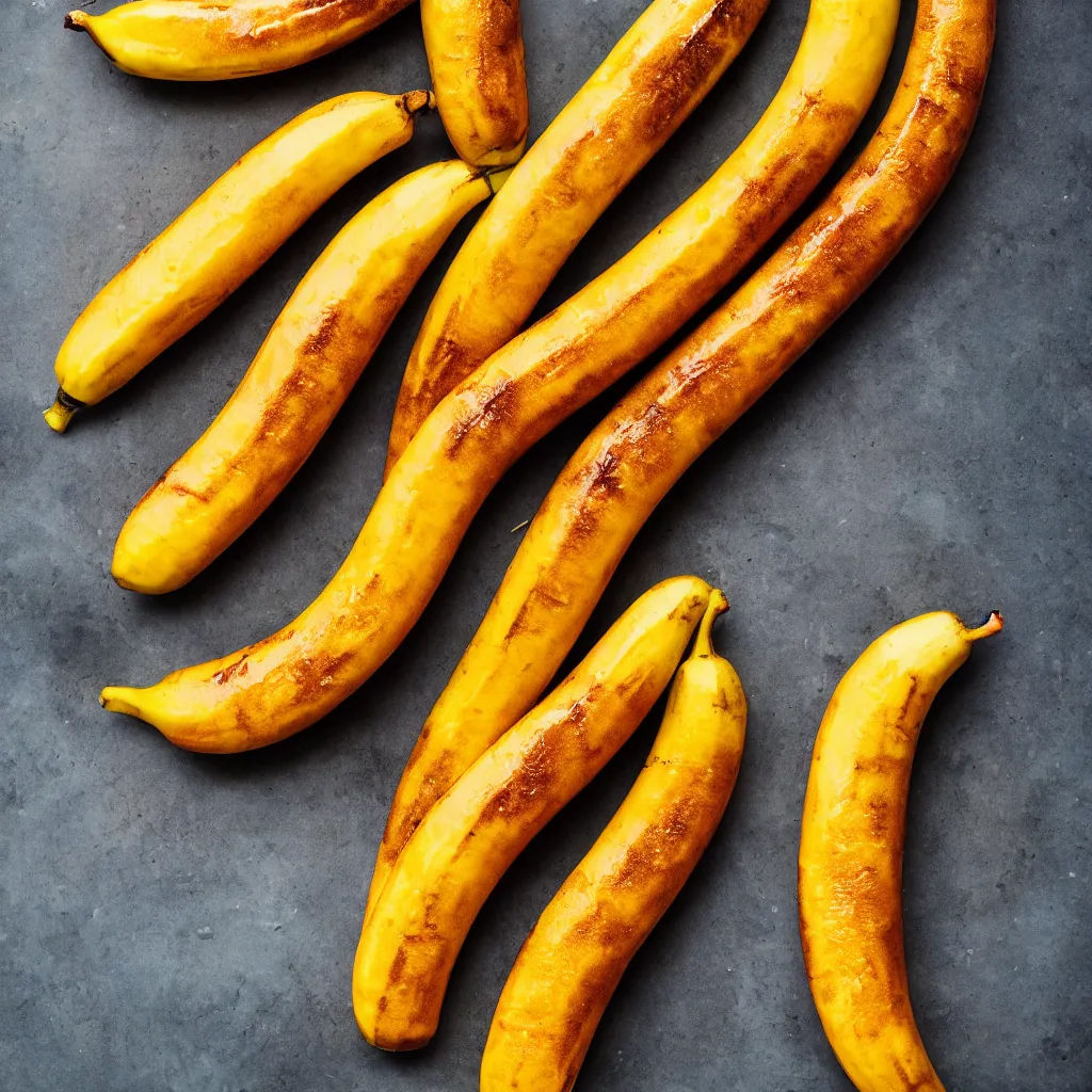 Image similar to long ripe bananas with orange skin, closeup, hyper real, food photography, high quality