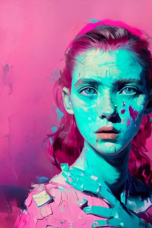 Prompt: portrait of a beautiful girl living in a postapoliptic forgotten world, she has seen war and has seen death, in the colors hot pink and cyan, beautiful face, rule of thirds, complex outfit, spotlight, by greg rutkowski, by jeremy mann, by francoise nielly, by van gogh, digital painting