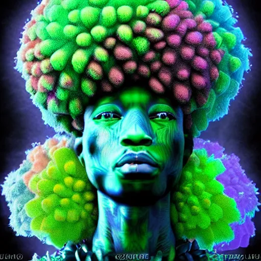 Image similar to an african marijuanna! shaman with an afro made of flowers, third eye art art by machina infinitum, complexity from simplicity, rendered in octane, mandelbulb 3 d, ambient occlusion, macro photography, felt!!! texture, tribal, neon! retrowave