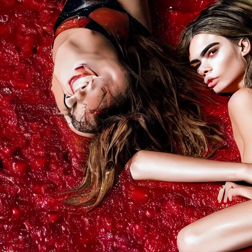 Prompt: emily ratajkowski and cara delevigne laying in a pool blood red water. Very clear face and full body shot, wide shot. There is a golden shining mirror frame that intersects the water between them. Outside of the mirror frame is a black sky full of stars and within the frame is beautiful renaissance landscape. hyperrealistic, surreal, art, photography, artstation, smooth, sharp focus, art by artgem, francis bacon, HR Giger, greg rutkowski and alphonse much 4k