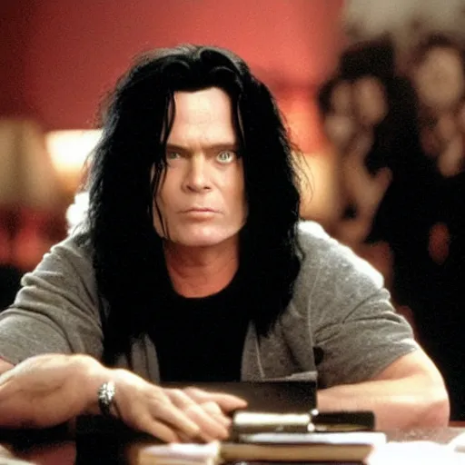 Prompt: tommy wiseau from the room ( 2 0 0 3 ) with the words'oh hi mark'written, poster, perfect kerning