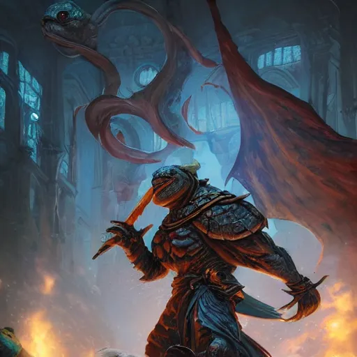 Image similar to Anthropomorphized Turtle casting epic spell, magic the gathering artwork, D&D, fantasy, cinematic lighting, centered, symmetrical, highly detailed, digital painting, artstation, concept art, smooth, sharp focus, illustration, volumetric lighting, epic Composition, 8k, art by Akihiko Yoshida and Greg Rutkowski and Craig Mullins, heroic pose, oil painting, cgsociety, magic lab background