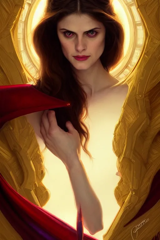 Image similar to alexandra daddario as scarlett witch, realistic portrait, symmetrical, highly detailed, digital painting, artstation, concept art, smooth, sharp focus, illustration, cinematic lighting, art by artgerm and greg rutkowski and alphonse mucha