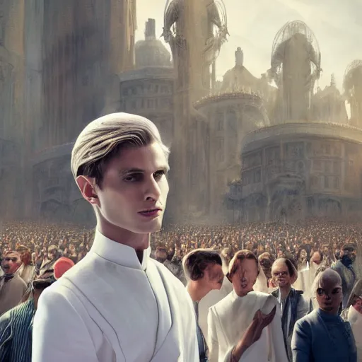 Prompt: portrait of a regal prince in futuristic white clothes, high collar, sharp cheekbones, wistful expression, surrounded by a crowd of angry people, matte painting, digital art