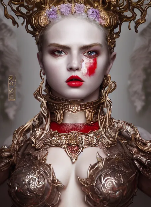 Prompt: high intricate porcelain baroque stunning woman body sensual angelic warrior fighting the army of the demon lord, 8 k, glitter skin very white red lips hyperrealistic hyperdetailed pastel maria panfilova, andrea savchenko, sensual mike kime, ludovic plouffe, qi sheng luo, oliver cook, trending on artstation