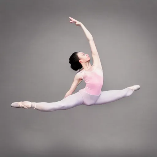 Prompt: a female ballet dancer doing an extreme stretch, dance photography, pastel colors palette, anatomic photography, high detail, zoom in, foreshortening, natural light