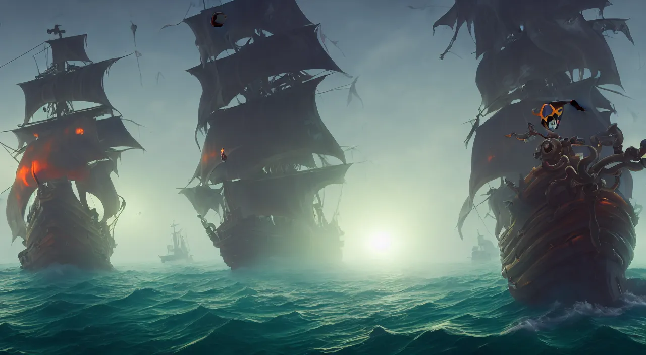 Prompt: a wide shot of a stylized 3D CGI game art pirate standing on the front of the ghost ship with the black Jolly Roger flag, the ghost ship is in the middle of the ocean, volumetric lighting, fantasy art overwatch and heartstone, by RHADS, cgsociety, matte painting, artstation hq, octane render, 8k,