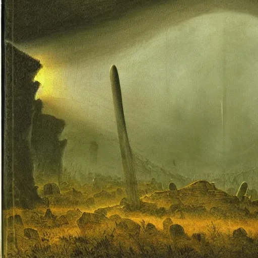 Prompt: painting of a hr giger tent in a landscape covered in moths, light beams night, casper david friedrich