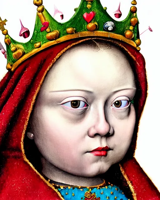 Image similar to closeup medieval jan van eyck face portrait of tin toy greta thunberg as a fairytale princess wearing a crown eating cakes in the castle, bikini, hyper realistic, artstation, illustration, nicoletta ceccoli, mark ryden, lostfish, max fleischer, digital paint, matte paint, vivid colors, bright, cheerful, detailed and intricate environment