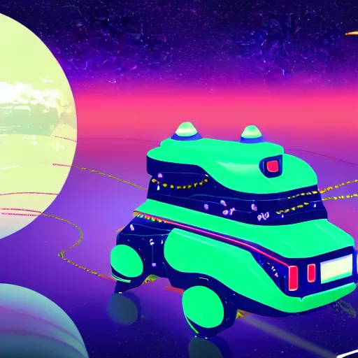 Image similar to Robot Taxi Driving through space, intergalactic background, vaporwave style