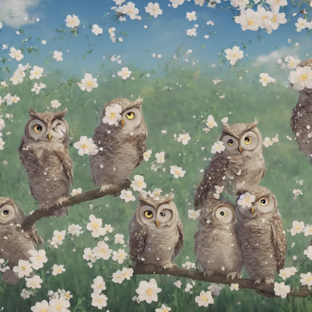 Image similar to film still of happy content cute owls wearing flowers and hats, in a field of delicate dainty blossoms, makoto shinkai, cinematic lighting, volumetric lighting, sunny, highly detailed, hand drawn, intricate, illuminated, 8k