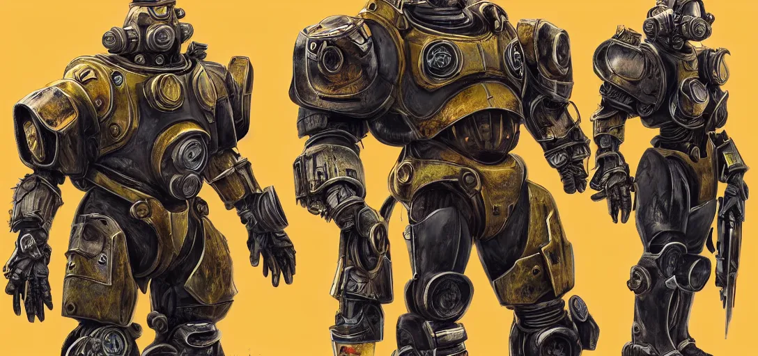 Prompt: Fallout Super Mutant Power Armor Concept Art, vibrant colors, 8k photorealistic, black background, HD, high details, trending on artstation