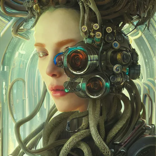 Image similar to portrait of Medusa with vr headset, cyberpunk, thick cables on the head, futuristic hi-tech details, ominous, intricate, art by anthony macbain + greg rutkowski + alphonse mucha, concept art, 4k, sharp focus, cinematic unreal engine