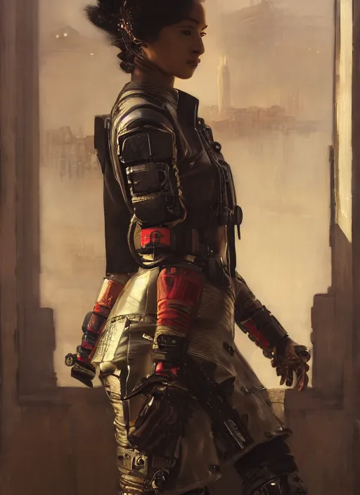 Image similar to Maria. beautiful cyberpunk Samurai woman wearing a military vest and military jumpsuit (cyberpunk 2077). gorgeous african face. Iranian orientalist portrait by john william waterhouse and Edwin Longsden Long and Theodore Ralli and Nasreddine Dinet, oil on canvas. Cinematic, hyper realism, realistic proportions, dramatic lighting, high detail 4k