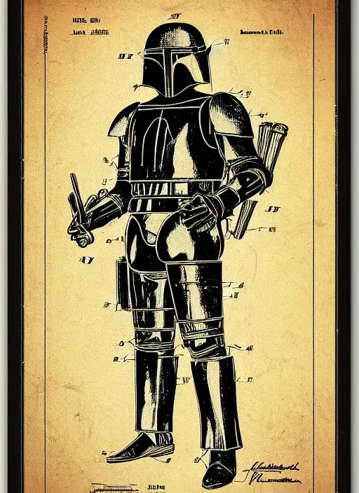 Prompt: vintage patent drawing of a kenner boba fett action figure by leonardo davinci, illustrations, intricate writing, concept art, labels, highly detailed