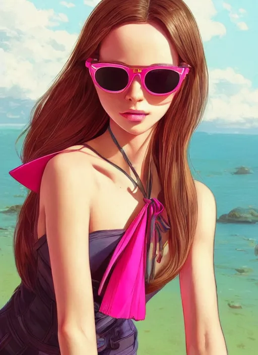 Prompt: a pair of pink sunglasses on a table with a beautiful woman's green eyes inside the frame intricate linework, bright colors, highly detailed, concept art, matte, trending on artstation, anime, art by wlop and artgerm and greg rutkowski, ilya kuvshinov, strong strokes, photo of asuna from sao