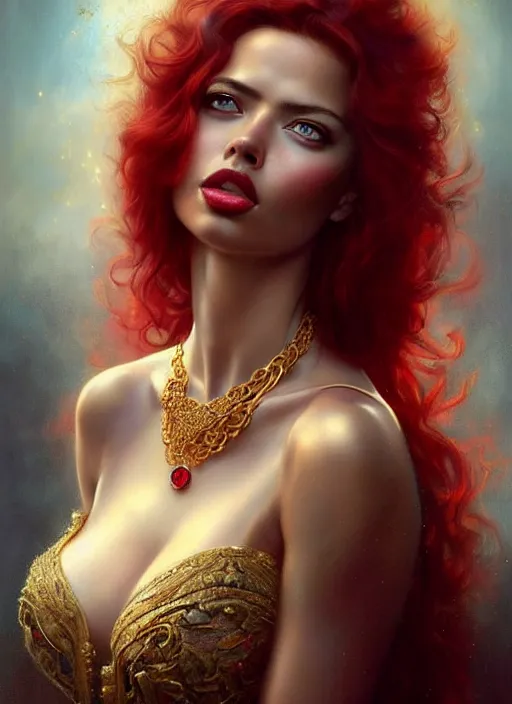 Prompt: a beautiful woman with baroque dress, red hair, gold necklace adorned with sapphires, adriana lima, painted by artgerm and tom bagshaw, fantasy art, dramatic lighting, highly detailed oil painting