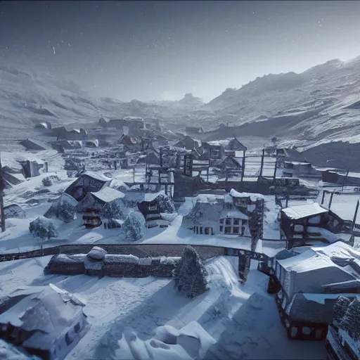 Prompt: a snowy village on the moon, 8 k, highly detailed, unreal engine render