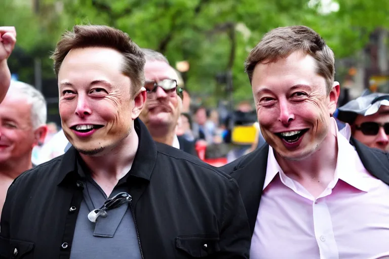 Prompt: elon musk breaking apple computer gay cowboys gang, gay parade, bill gates